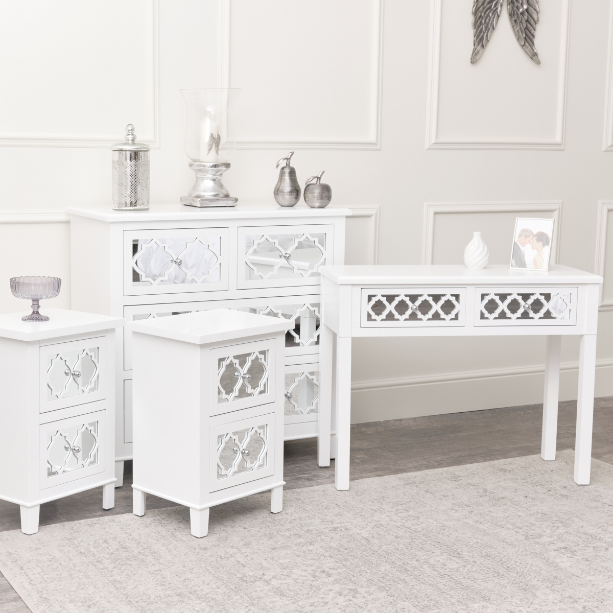 Flora Furniture Large White Mirrored Chest of Drawers Console Dressing Table Pair of Bedside Tables Sabrina White Range